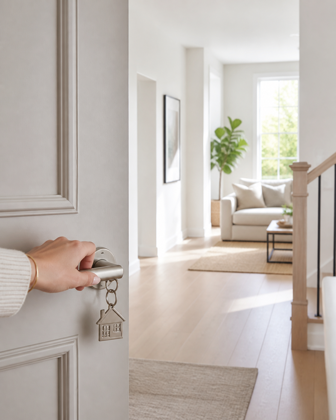 Mão abrindo a porta de uma casa clara e acolhedora, com chaveiro de casinha na chave — a porta se abrindo para a oportunidade