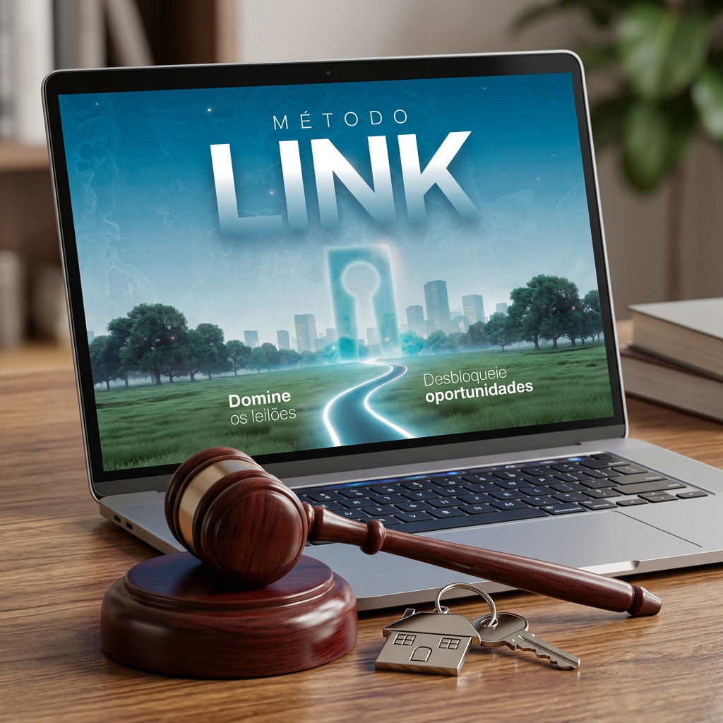 Notebook exibindo o Método LINK ao lado de um martelo de leilão e um chaveiro de casa