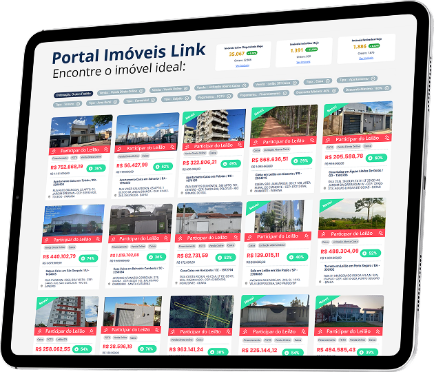 Portal de Imóveis Link — grade de imóveis de leilão da Caixa com filtros, valores e descontos
